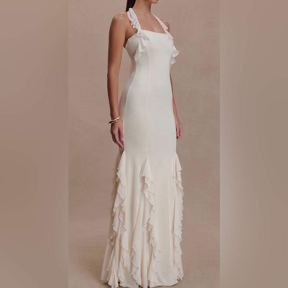 Elegant Cream Halter Maxi Dress